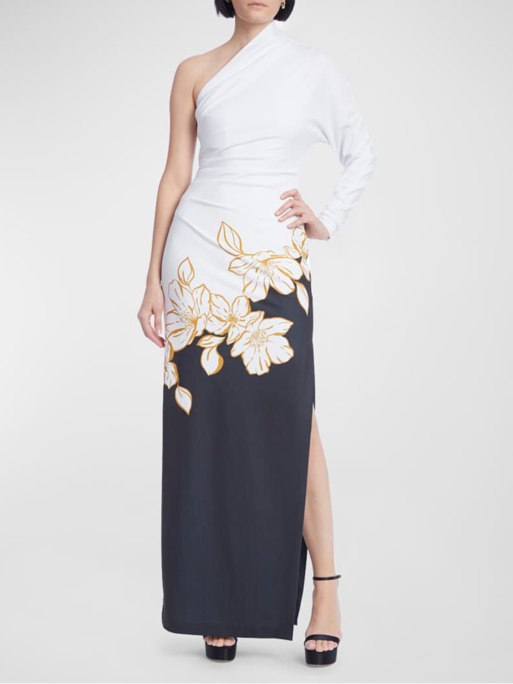 One-Shoulder White and Black Floral Maxi Dress with Gold Accents